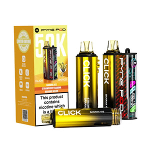Pyne Pod Click 50K disposable vape device in Banana Ice flavor, shown with its yellow and orange retail packaging box. The devices feature a metallic gold-to-black gradient body with 'CLICK' and 'PYNE POD' branding, and are displayed standing and lying down alongside the box.