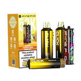 Pyne Pod Click 50K disposable vape device in Banana Ice flavor, shown with its yellow and orange retail packaging box. The devices feature a metallic gold-to-black gradient body with 'CLICK' and 'PYNE POD' branding, and are displayed standing and lying down alongside the box.